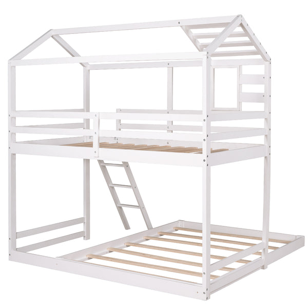 Twin over Full House Bunk Bed with Ladder and Window,Full-Length Guardrail