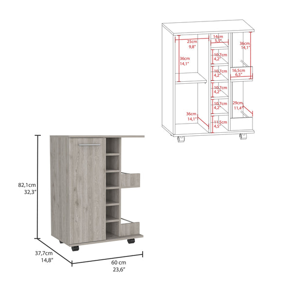 Bar Cart; Two External Shelves; Four Casters; Six Built-in Wine Rack; Single Door Cabinet -Light Gray