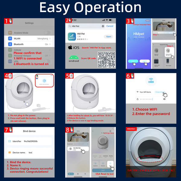 Self -Cleaning Cat Litter Box for Multiple Cats ; Scooping Automatically ; Suitable for all kinds of cat litter; Secure; Odor Removal ; App Control; Support 5G&2.4G WiFi.