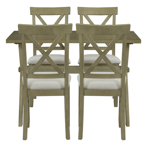 5 Pieces Farmhouse Rustic Wood Kitchen Dining Table Set with Upholstered 4 X-back Chairs