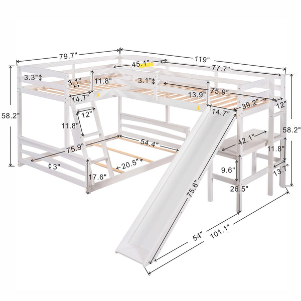 Twin over Full Bunk Bed with Twin Size Loft Bed with Desk and Slide,Full-Length Guardrail