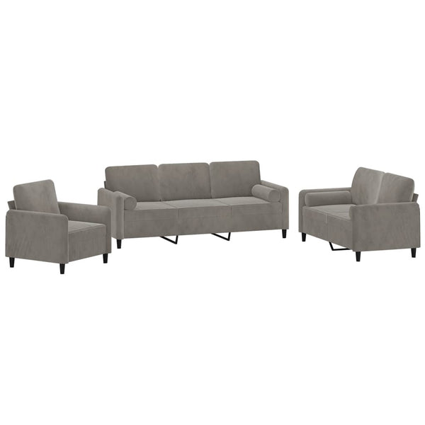 3 Piece Sofa Set with Throw Pillows&Cushions Light Gray Velvet