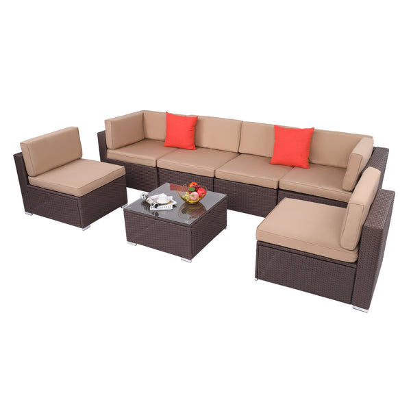 Large Seven-Piece Set 2 Corners 4 No Armrests 1 Square Table Coffee Table Dark Brown Tree Pattern Rattan Khaki Cushion  XH