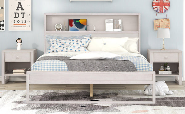 3-Pieces Bedroom Sets Queen Size Platform Bed with Two Nightstands