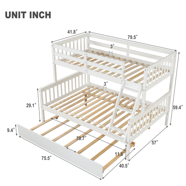 Twin Over Full Bunk Bed with Trundle; Convertible into 2 Beds; the Bunk Bed with Ladder and Safety Rails for Kids; Teens; Adults; White (Old Sku:W504S00030)