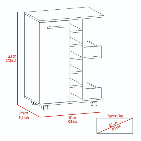 Bar Cart; Two External Shelves; Four Casters; Six Built-in Wine Rack; Single Door Cabinet -Light Gray