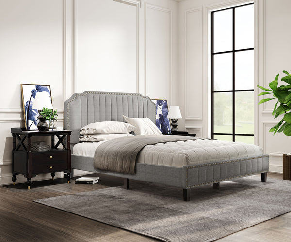 Modern Linen Curved Upholstered Platform Bed ;  Solid Wood Frame ;  Nailhead Trim (King)