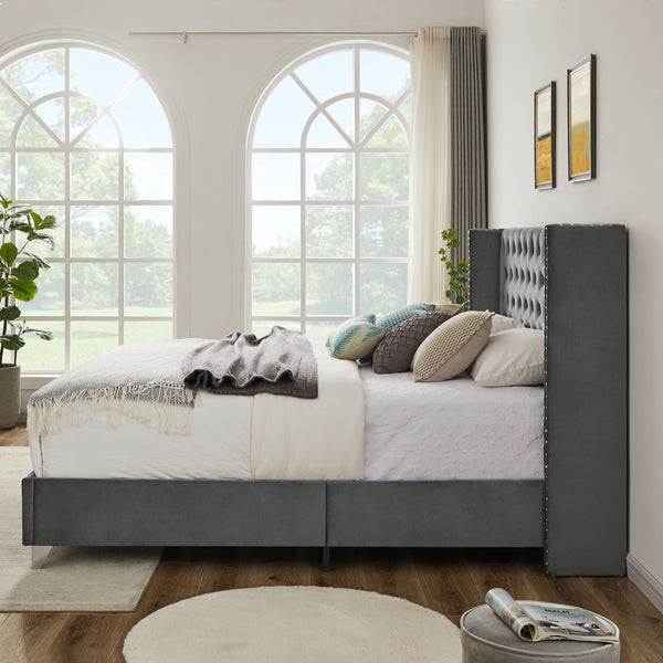 B100S King bed; Button designed Headboard; strong wooden slats + metal legs with Electroplate