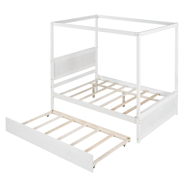 Wood Canopy Bed with Trundle Bed ; Full Size Canopy Platform bed With Support Slats .No Box Spring Needed; Brushed White