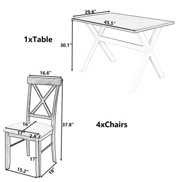 5 Pieces Farmhouse Rustic Wood Kitchen Dining Table Set with Upholstered 4 X-back Chairs