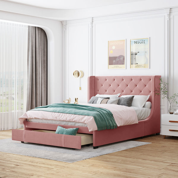 Queen Size Storage Bed Velvet Upholstered Platform Bed with Wingback Headboard and a Big Drawer