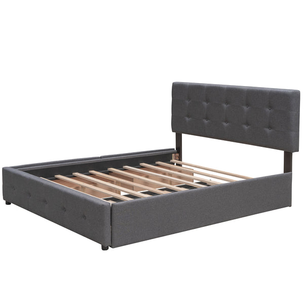 Upholstered Platform Bed with 2 Drawers and 1 Twin XL Trundle;  Linen Fabric;  Queen Size