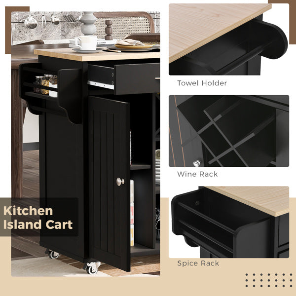 Kitchen Island Cart with Two Storage Cabinets and Four Locking Wheels; Wine Rack; Two Drawers; Spice Rack; Towel Rack