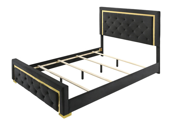 Contemporary Glam King Black Fabric Upholstered Panel 1pc Queen Bed Black Fabric Gold Legs Bedroom Furniture