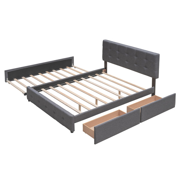 Upholstered Platform Bed with 2 Drawers and 1 Twin XL Trundle;  Linen Fabric;  Queen Size