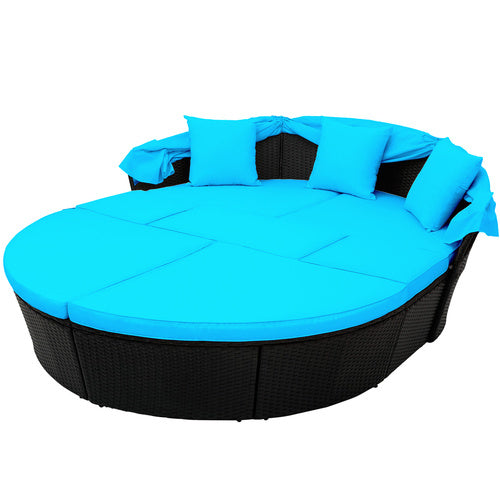 Outdoor rattan daybed sunbed with Retractable Canopy Wicker Furniture, Round Outdoor Sectional Sofa Set, black Wicker Furniture Clamshell Seating with Washable Cushions, Backyard, Porch