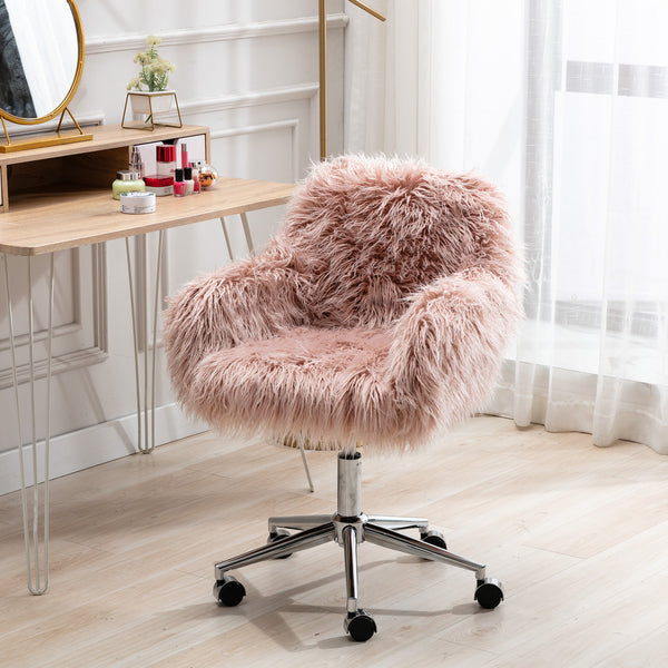 Vanity Chair Fluffy Fuzzy Desk Chair Swivel Adjustable Armless Home Office Chair Chrome Base