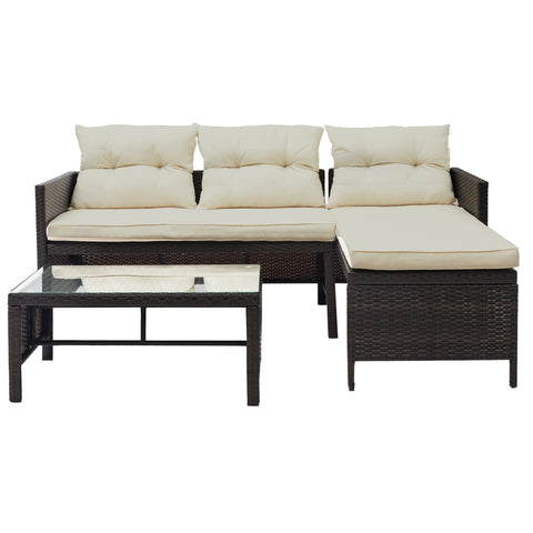 3-Piece Outdoor Rattan Sectional Sofa Set with cushions, Patio Wicker Rattan Conversation Furniture Set, Steel Frame & Seat Cushion, Perfect for Garden Lawn Pool Backyard RT