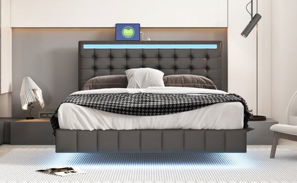 Queen Size Floating Bed Frame with LED Lights and USB Charging,Modern Upholstered Platform LED Bed Frame,Black