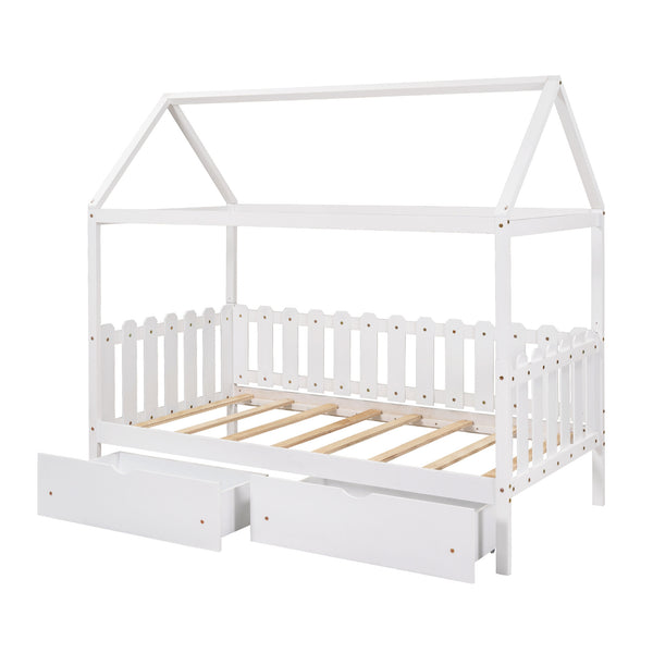 Twin Size House Bed with drawers, Fence-shaped Guardrail