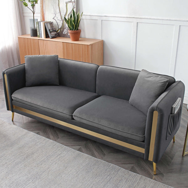 77.2' Modern Upholstered Velvet Sofa 3 Seater Couch with Removable Cushions Side Pocket Mid-Century Tufted Living Room Set Gold Metal Legs,2 Pillows Included