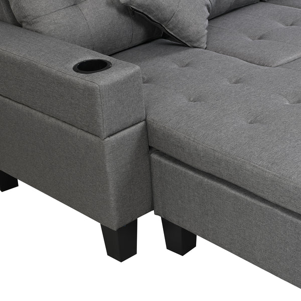 Sectional Sofa Set for Living Room with L Shape Chaise Lounge ,cup holder and Left or Right Hand Chaise Modern 4 Seat (Grey)