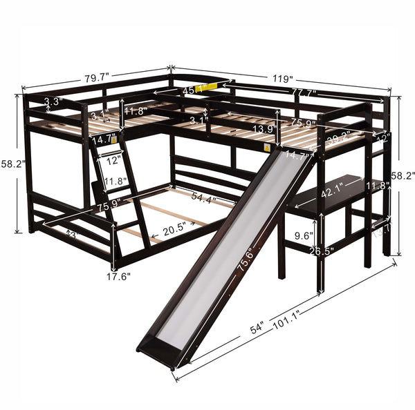 Twin over Full Bunk Bed with Twin Size Loft Bed with Desk and Slide,Full-Length Guardrail