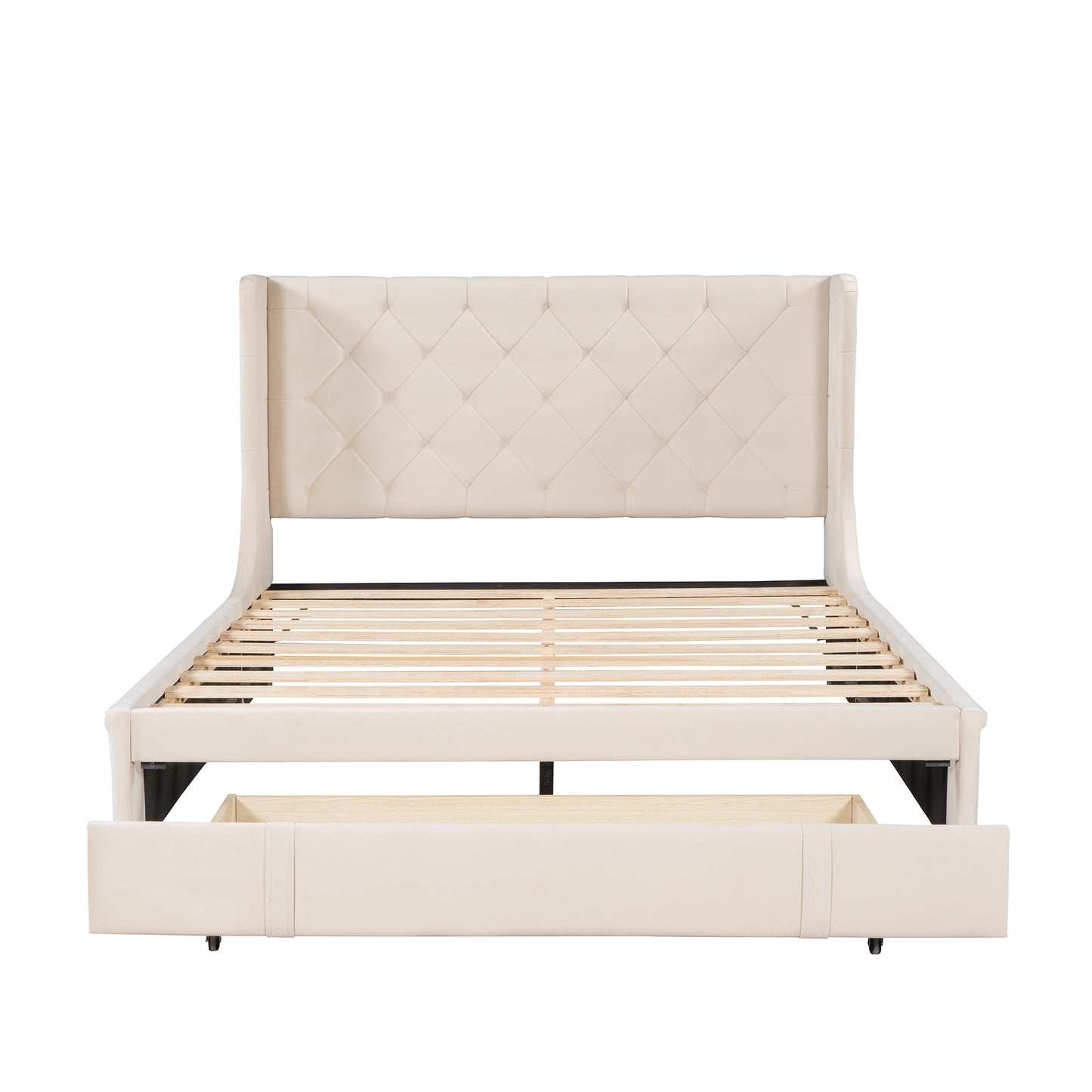 Queen Size Storage Bed Velvet Upholstered Platform Bed with Wingback Headboard and a Big Drawer