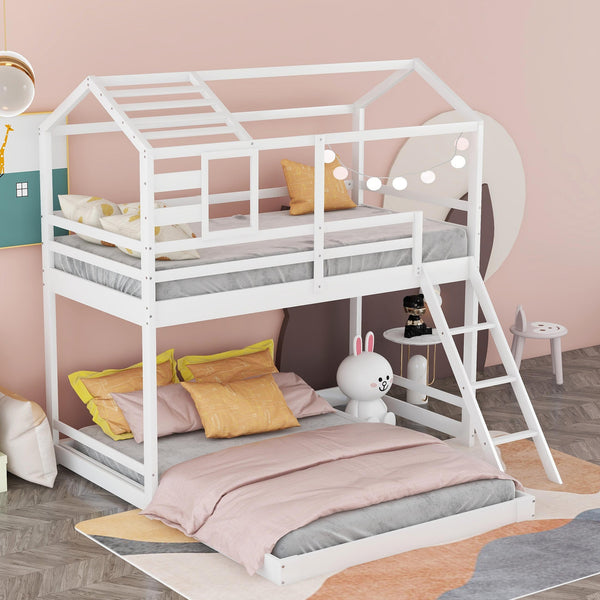 Twin over Full House Bunk Bed with Ladder and Window,Full-Length Guardrail