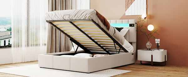 Upholstered Bed Full Size with LED light;  Bluetooth Player and USB Charging;  Hydraulic Storage Bed in Velvet Fabric