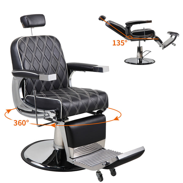 Reclining Barber Chair Hydraulic Salon Chair with Adjustable Headrest and Heavy Duty Base for Hair Cutting, Black+Silver XH