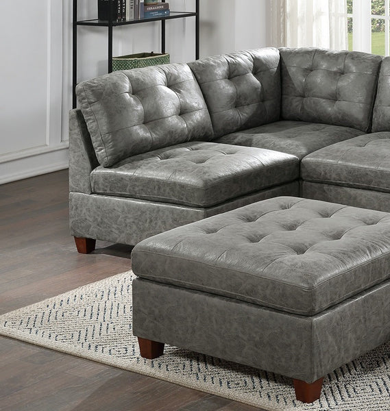 Living Room Furniture Antique Grey Modular Sectional 7pc Set Breathable Leatherette Tufted Couch 2x Corner Wedge 4x Armless Chairs and 1x Ottoman U-Shaped