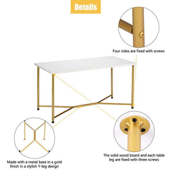 HODELY Single Layer 1.5cm Thick MDF White waterproof Square Tabletop Golden Table Legs Iron Coffee Table White