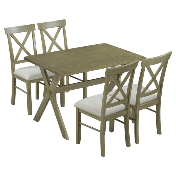 5 Pieces Farmhouse Rustic Wood Kitchen Dining Table Set with Upholstered 4 X-back Chairs