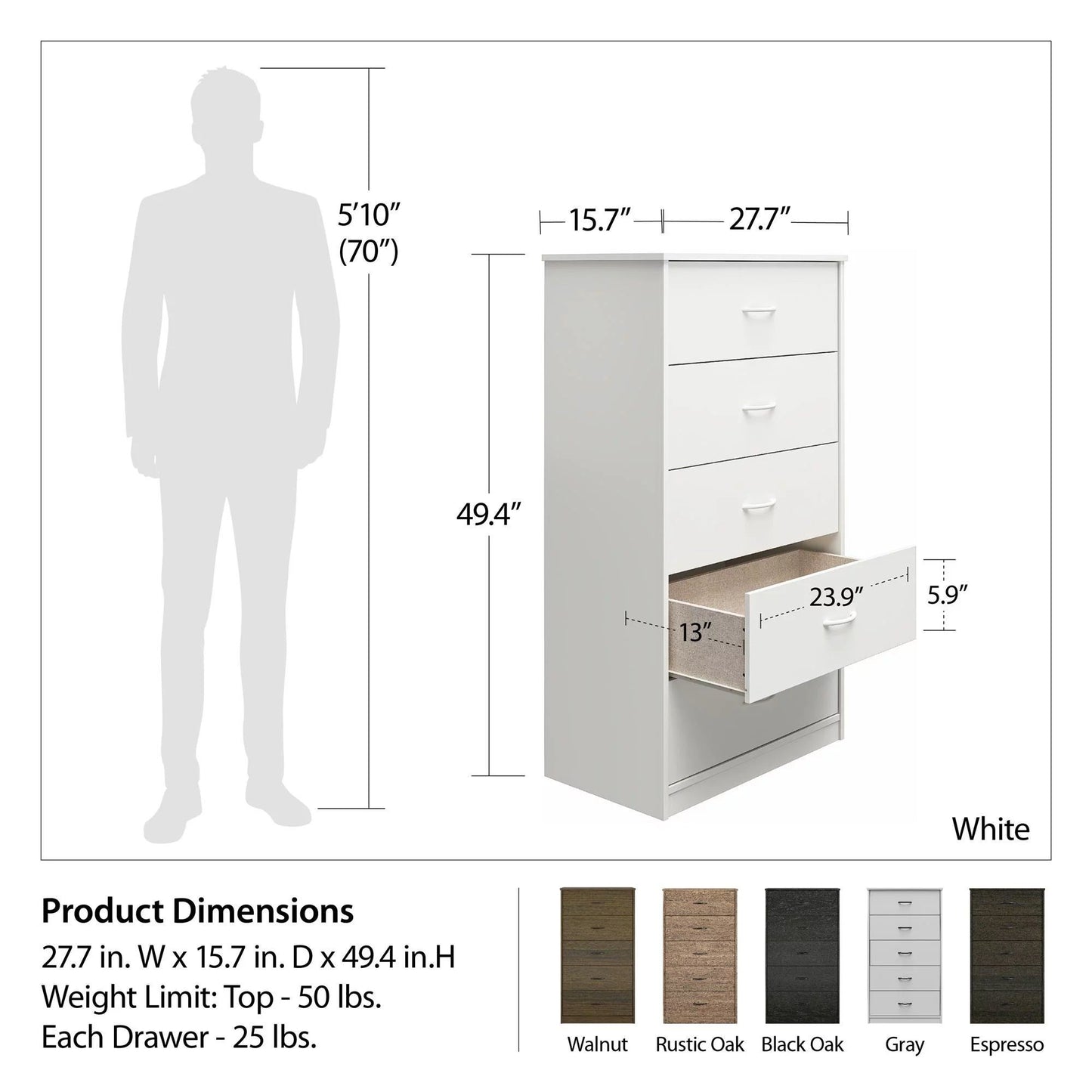 Classic 5 Drawer Dresser;  Dark Oak;  Walnut;  Espresso;  Dove Grey;  Antique Oak;  White