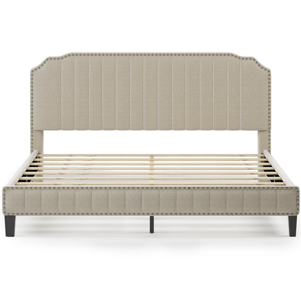 Modern Linen Curved Upholstered Platform Bed ;  Solid Wood Frame ;  Nailhead Trim (King)