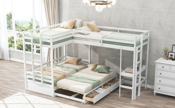 Twin over Twin/King Size L-Shaped Bunk Bed with Built-in Desk and Two Drawers; White