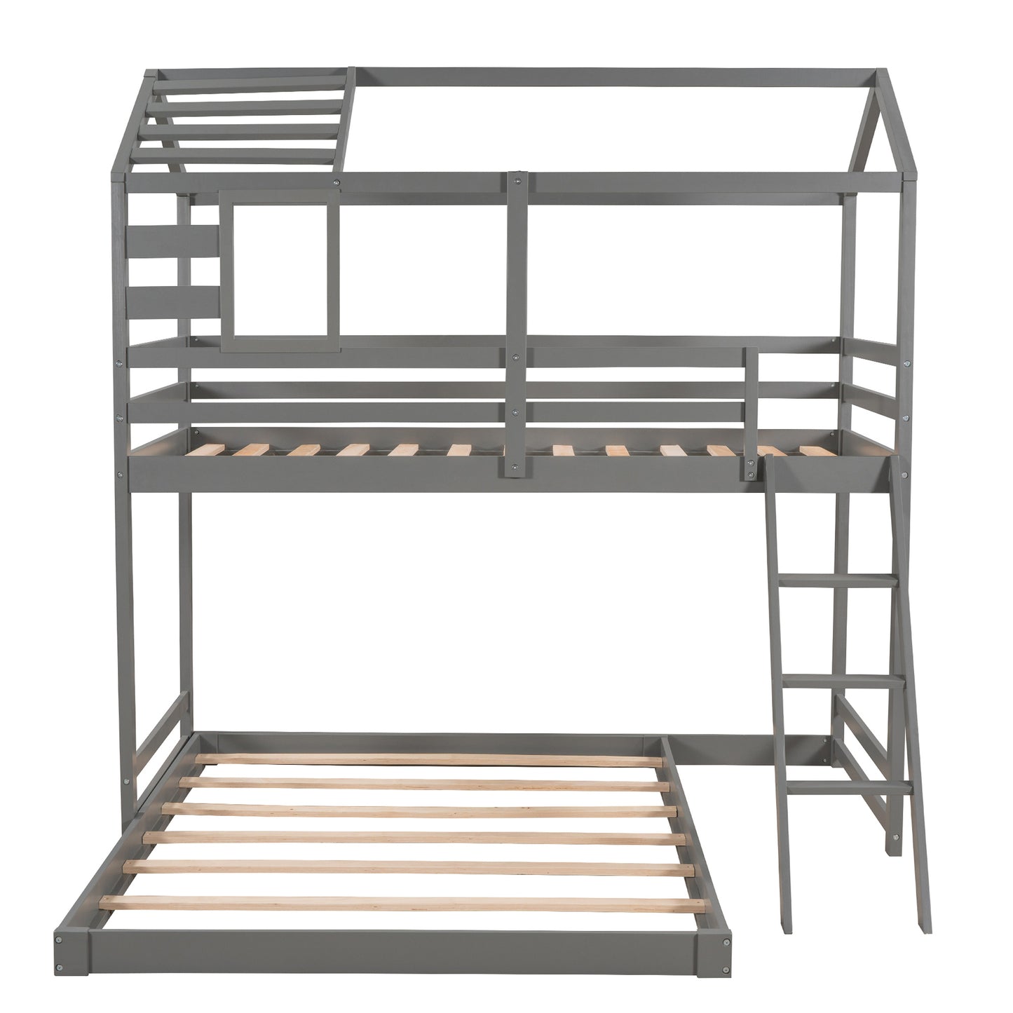 Twin over Full House Bunk Bed with Ladder and Window,Full-Length Guardrail