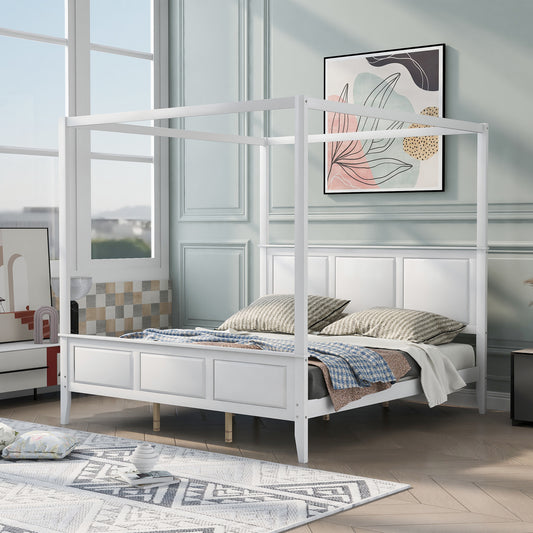 King Size Canopy Platform Bed with Headboard and Footboard; With Slat Support Leg; White