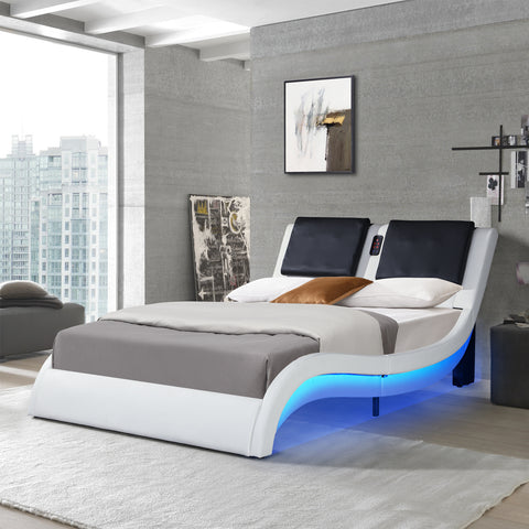 Faux Leather Upholstered Platform Bed Frame with led lighting; Bluetooth connection to play music  RGB control; Backrest vibration massage; Curve Design; Wood Slat Support; No Box Spring Needed; Queen