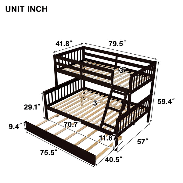 Twin Over Full Bunk Bed with Trundle; Convertible into 2 Beds; the Bunk Bed with Ladder and Safety Rails for Kids; Teens; Adults; Espresso