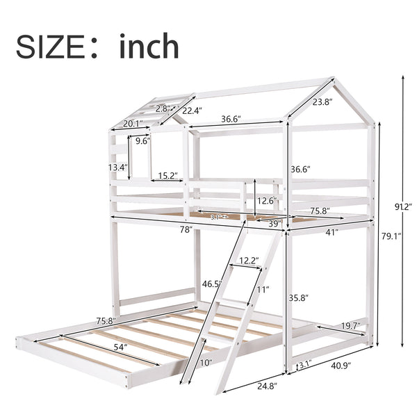 Twin over Full House Bunk Bed with Ladder and Window,Full-Length Guardrail