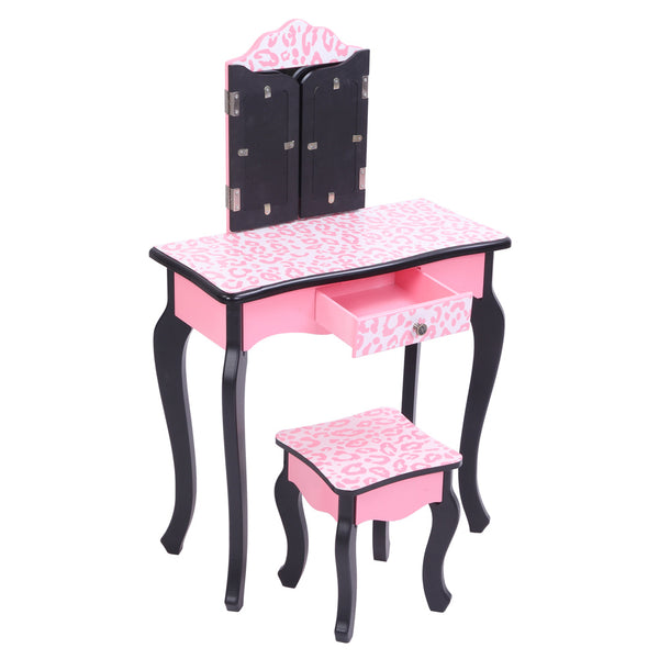 FCH Three-Fold Mirror Single Drawer Arc Feet Children Dresser Pink Leopard Print, This is A Very Fashion, Modern and Simple Dressing Table RT