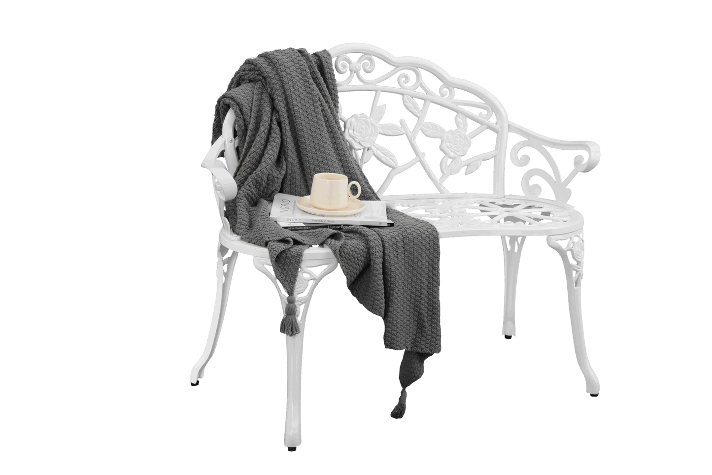 Patio Outdoor Bench; White Cast-Aluminum Garden Benches Metal Loveseat Outdoor Furniture for Park Lawn Front Porch