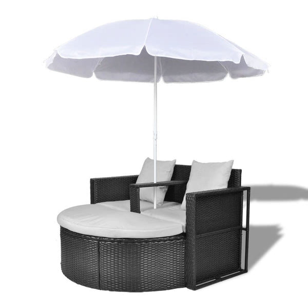 Garden Bed with Parasol Black Poly Rattan