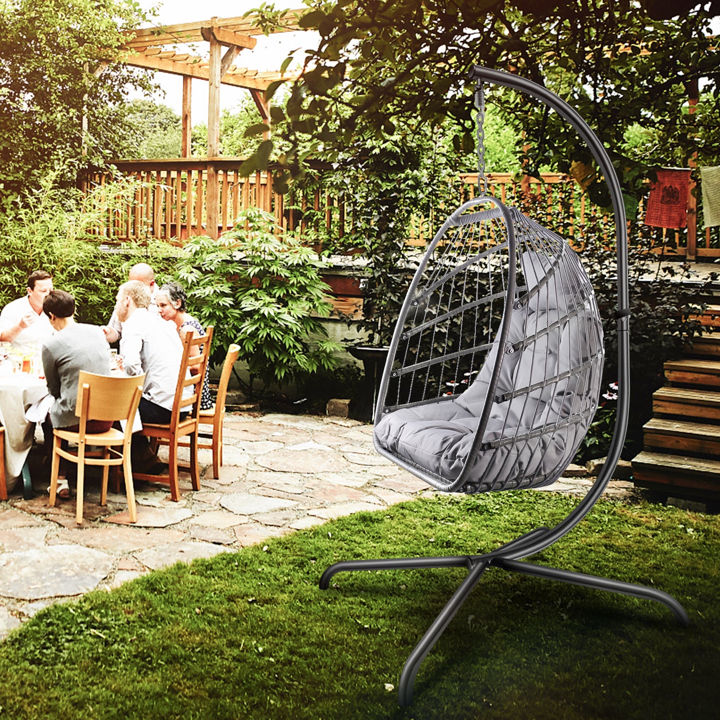 Swing Egg Chair with Stand Indoor Outdoor Wicker Rattan Patio Basket Hanging Chair with C Type bracket , with cushion and pillow Banned from selling on Amazon.(Black New arrivals within 10 days)