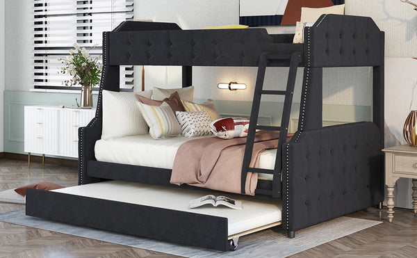 Twin over Full Upholstered Bunk Bed with Trundle and Ladder; Tufted Button Design; Black