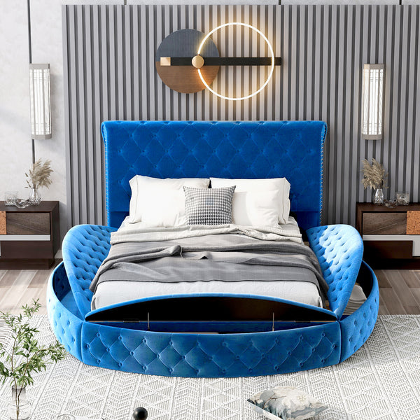 Full Size Round Shape Upholstery Low Profile Storage Platform Bed with Storage Space on both Sides and Footboard; Blue