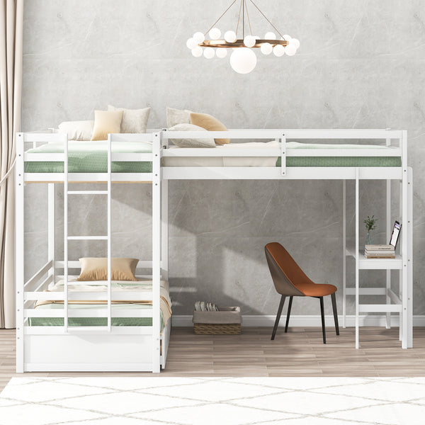 Twin over Twin/King Size L-Shaped Bunk Bed with Built-in Desk and Two Drawers; White