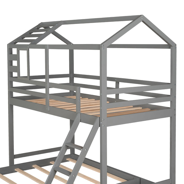 Twin over Full House Bunk Bed with Ladder and Window,Full-Length Guardrail